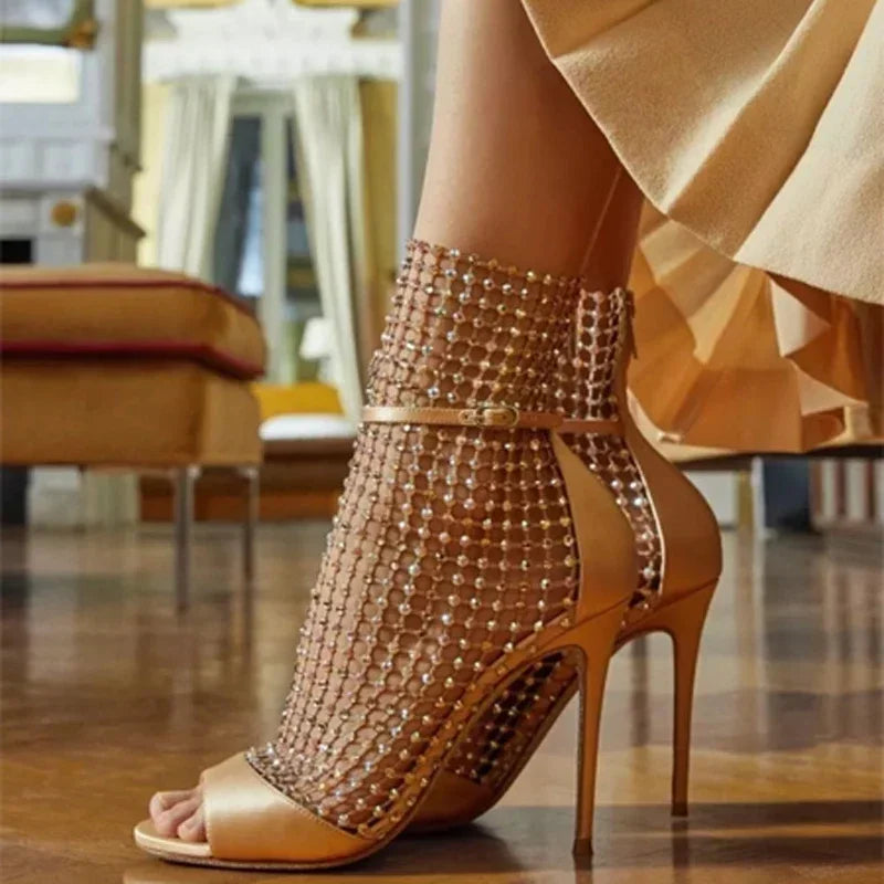 2025 New Star Internet Celebrity Same Style Sexy Water Diamond Fish Mouth Hollow Mesh Cool Boots High Heel Shoes Thin Heels