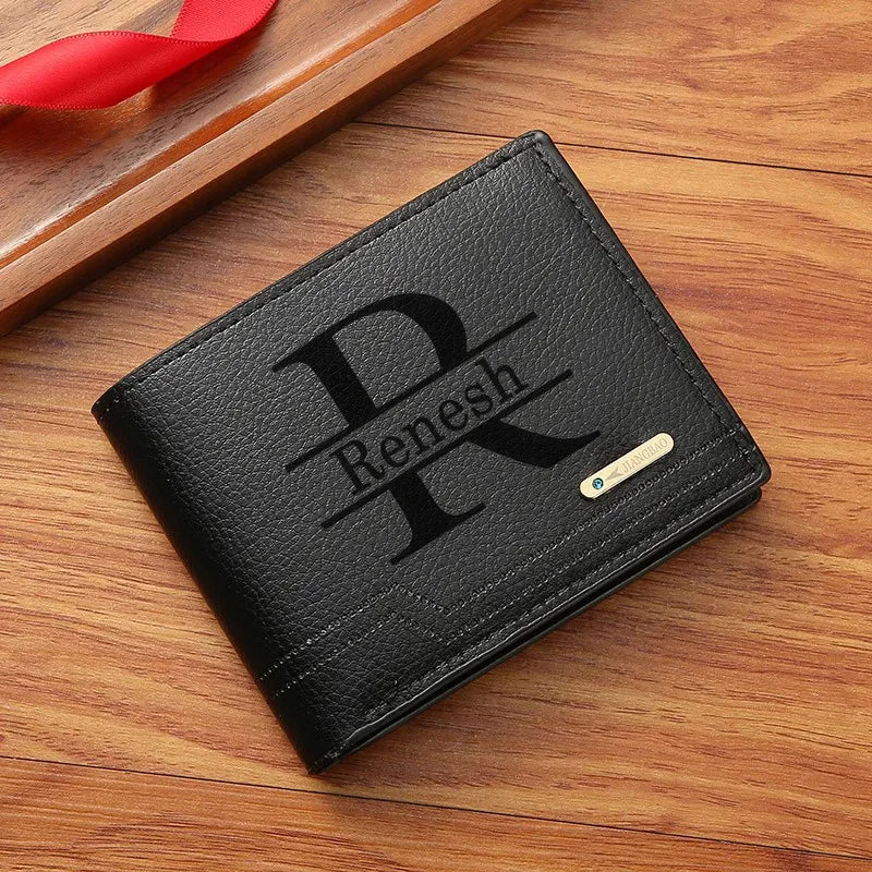 Personalized Custom Name Bifold Short Wallet Casual Lychee Patterned Soft Leather Man's Wallet Multi Card Slot PU Leather Purse