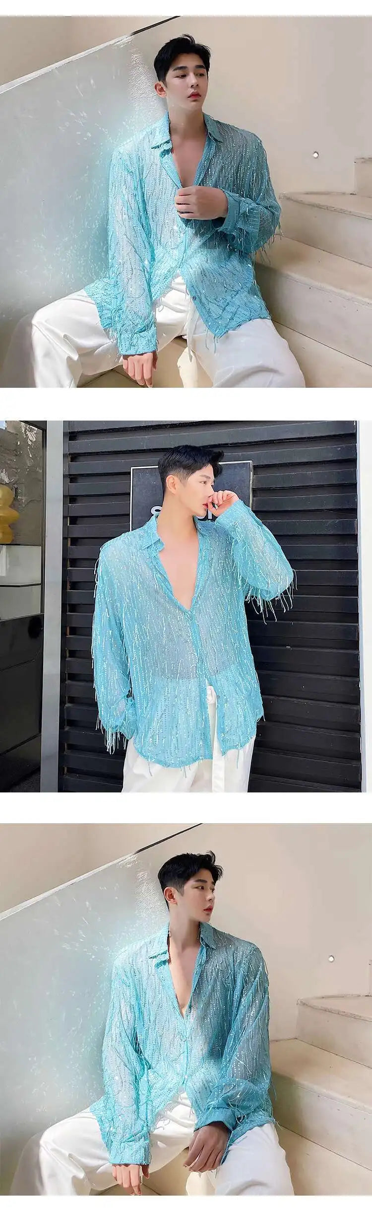 IEFB Spring Summer Men's Shirt Long Sleeve New Irregular Sequin Tassel Shirts Niche Streetwear Korean Style Male Top Tide 9Y7232