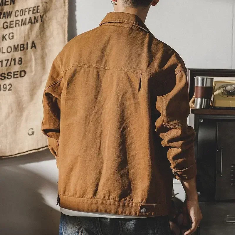 Men's Denim Jacket Vintage Brown Male Jean Coats Cargo Designer Washed Clothing Winter 2025 Korean Style Elatic Original Cowboy