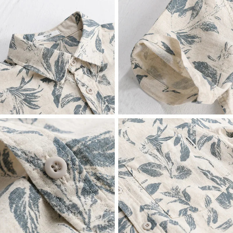 Summer New Printed Breathable Linen Cotton Short Sleeve Shirt for Men Clothing Casual Turn-down Collar Summer Shirt FY736