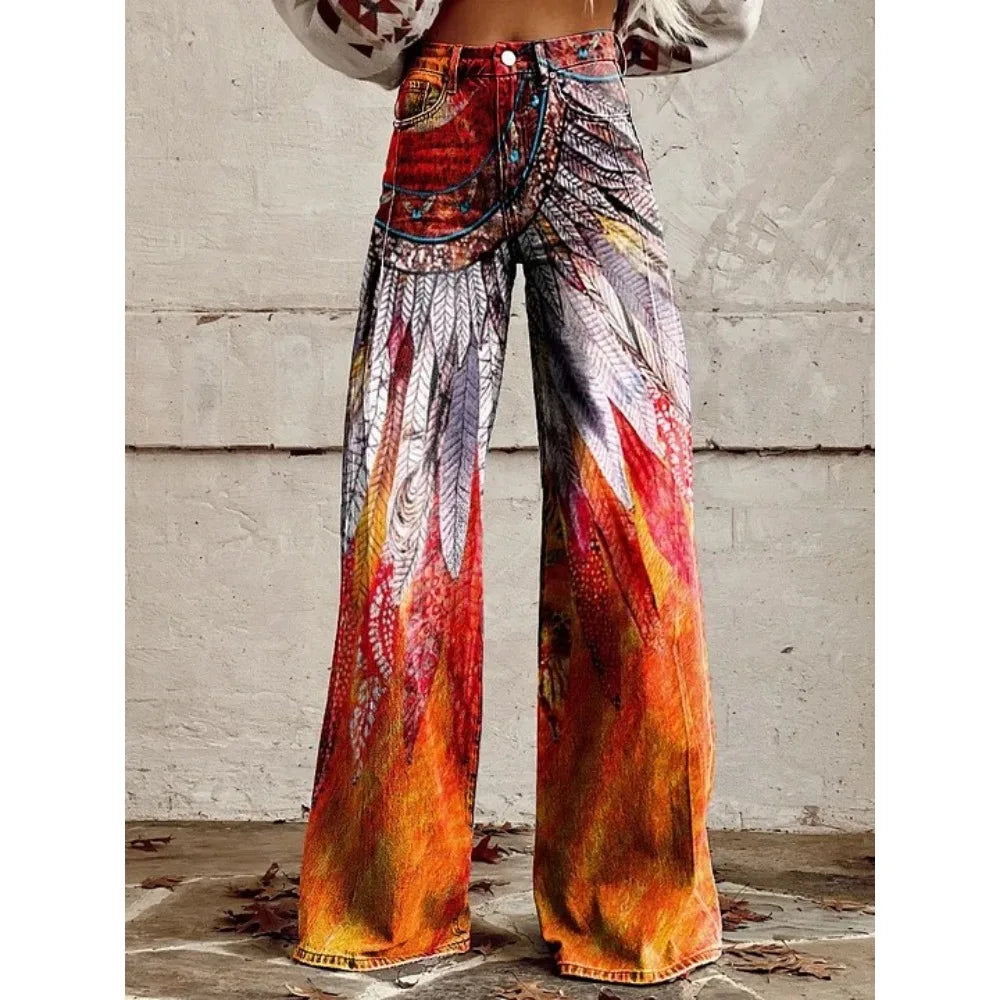 Pink Green Aztec Geometric Print High Waist Wide Leg Pants Cotton Casual Boho Trousers Vintage Women's Western Casual Trousers