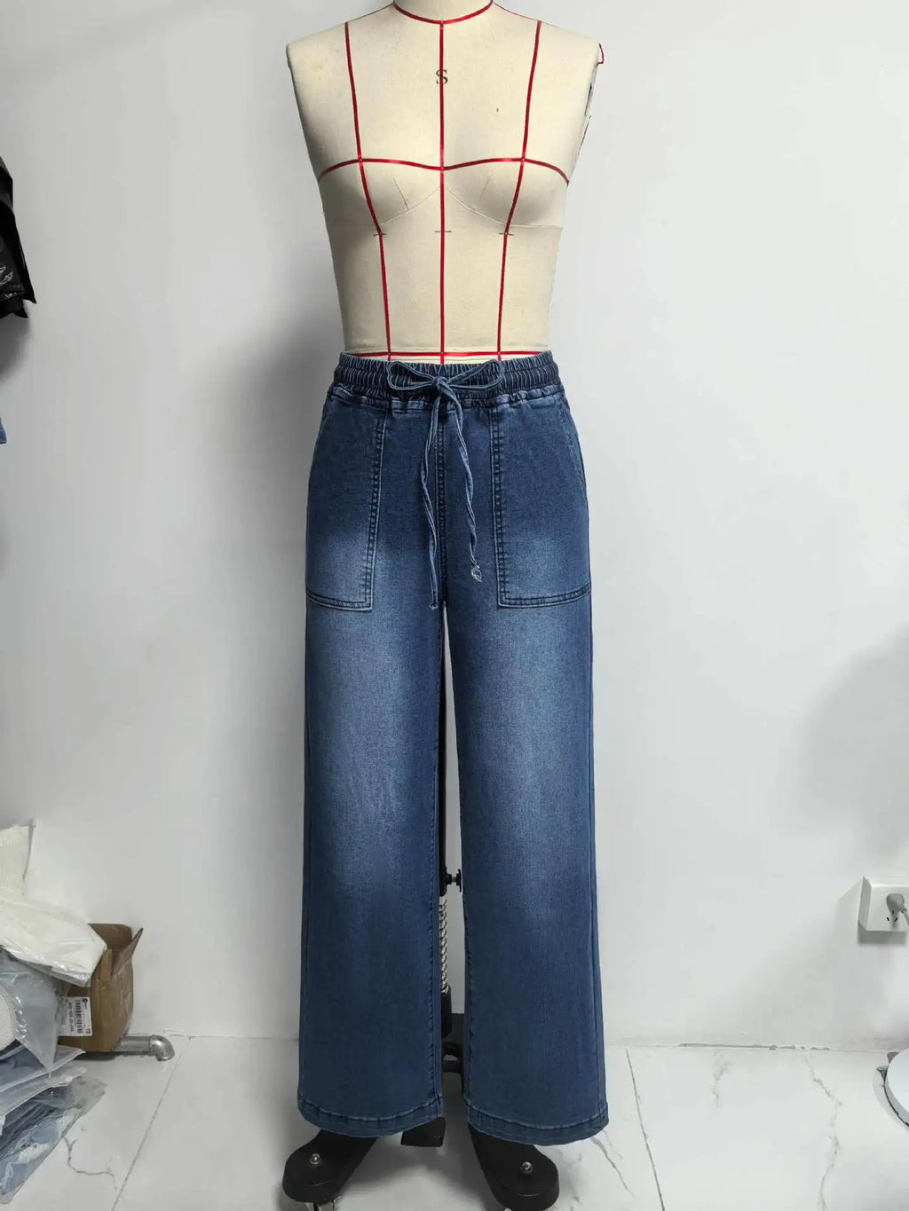 Chic High Waist Drawstring Denim Pants Women's Straight Wide Leg Jeans Fashion Trousers