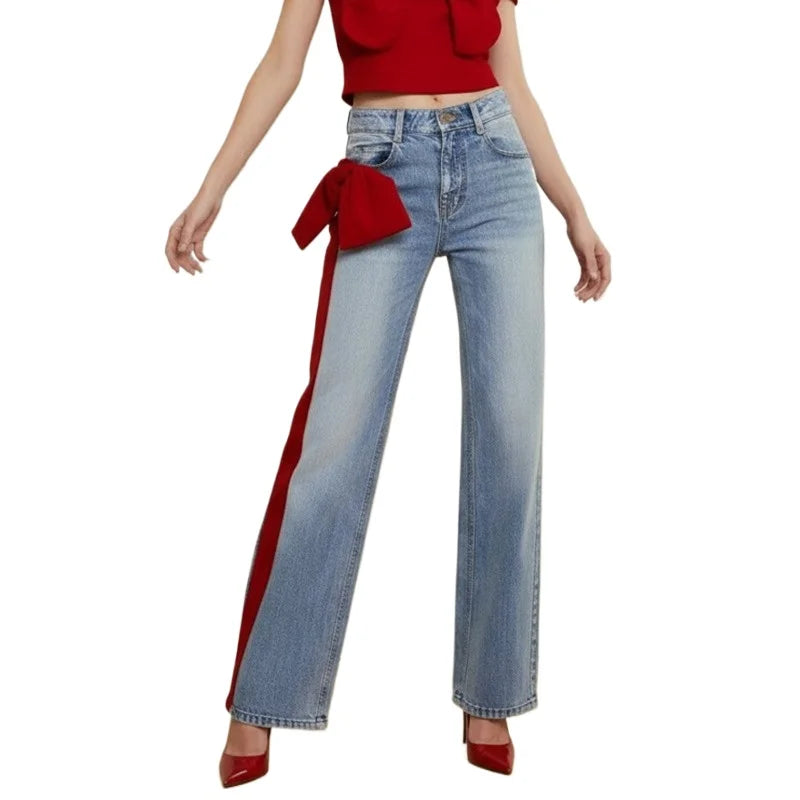 Krisstargirls Women's Fall Winter Going Out Jeans 2025 New Stylish Elegant Bow-embellished Blue Leisure Fashion Pants for Ladies