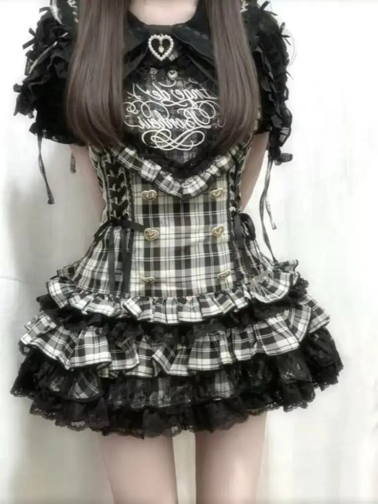 2025 Japanese Sweet Lolita Kawaii Dress Women Spring Printed Bow Fake Two Piece Dress Female Korea Style Design Party Clothing