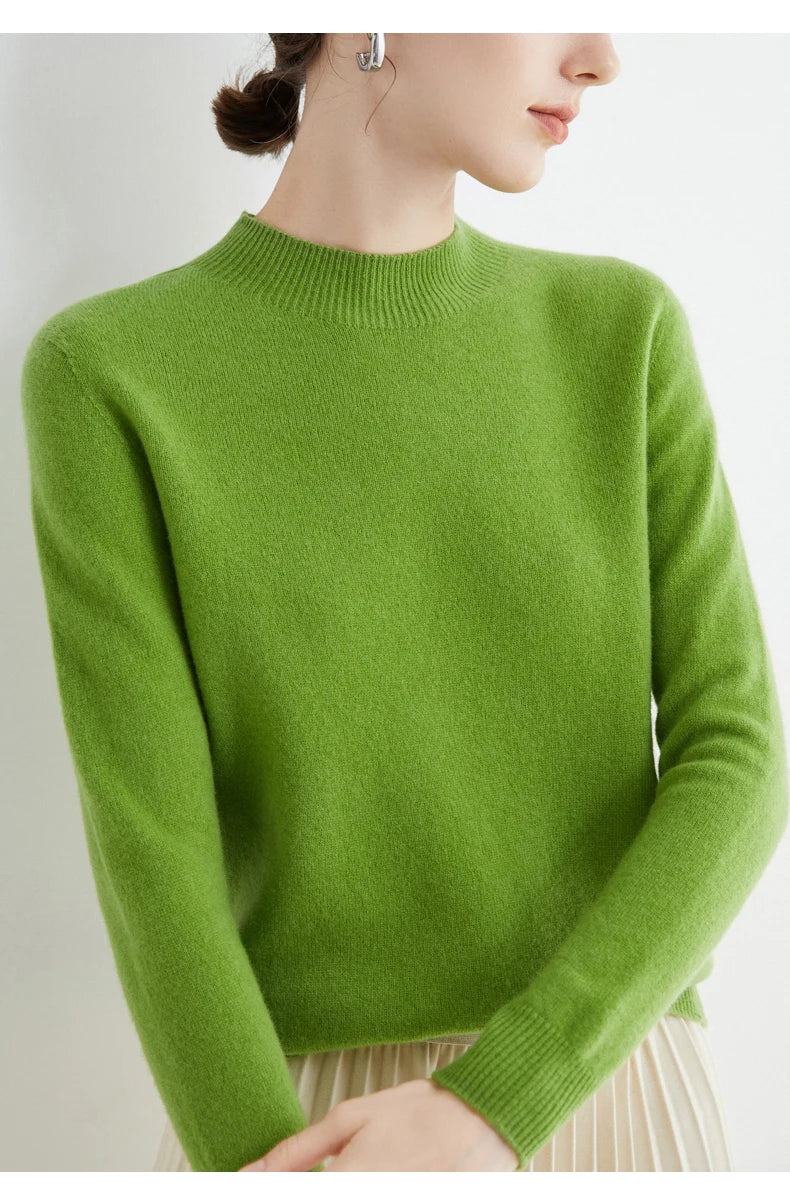 First-Line Seamless Women's Half-Turtleneck 100% Pure Wool Sweater Solid Color Long Sleeve Pullover Knitted Bottoming Sweater