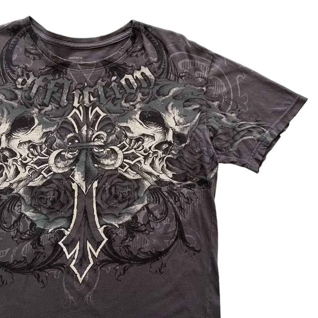 Affliction New Men Polo shirt Skull Graphic Harajuku Round Neck Oversized T Shirt Short Sleeve Tops Gothic Clothing Street Wear