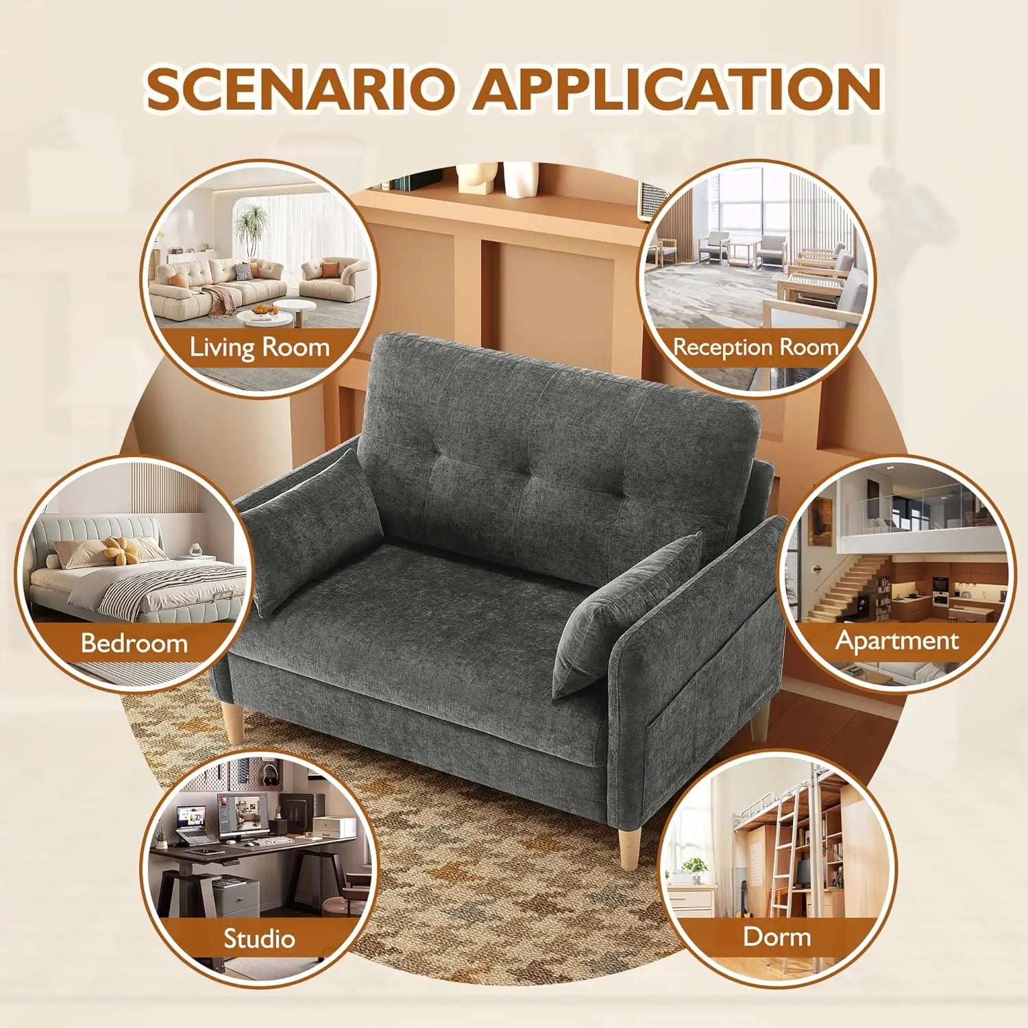 47" Chenille Loveseat with Pillow & Removable Cover for Small Space Bedroom Apartment Dorm Office, Customized