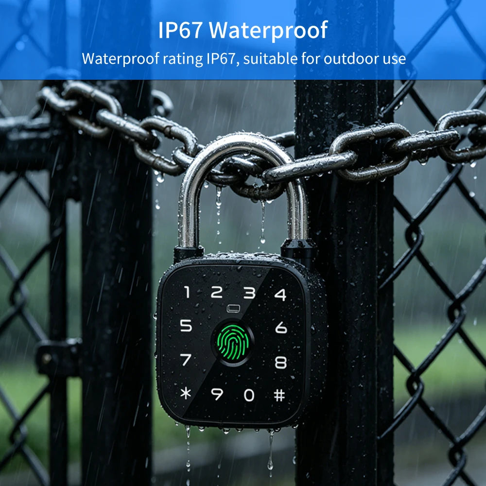 IP67 Smart Padlock Support Tuya App Fingerprint Password RFID Card Key Unlock Type-C Charging Multi-function Anti-theft Lock