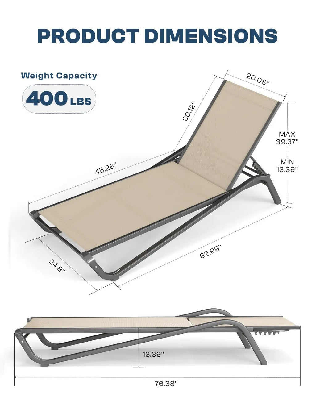 Adjustable Patio Chaise Lounge Outdoor Textilene Sun Bed for Pool Deck Rust-Proof Aluminum Frame, Custom