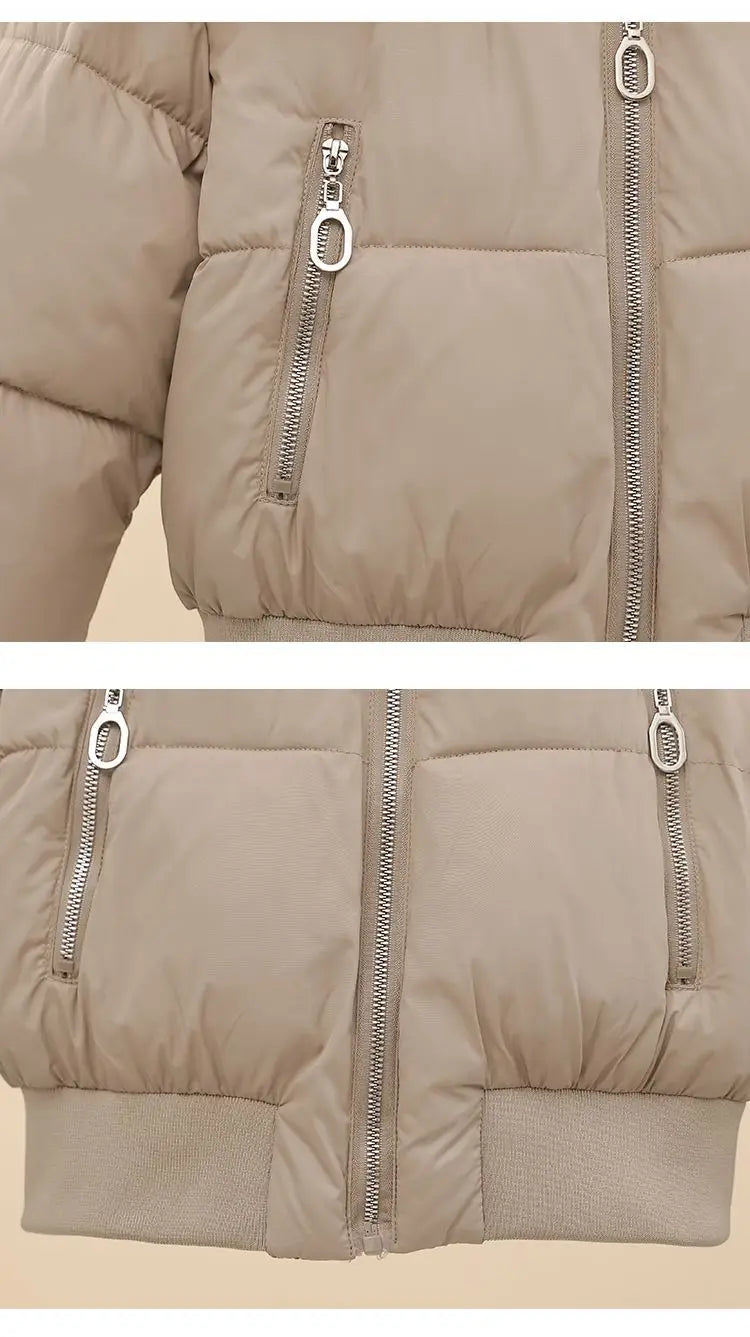 Korean Faux Fur Trim Hooded Puffer Coat Outerwear Women Black Cropped Zip Pocket Rib Hem Loose Short Warm Winter Jacket