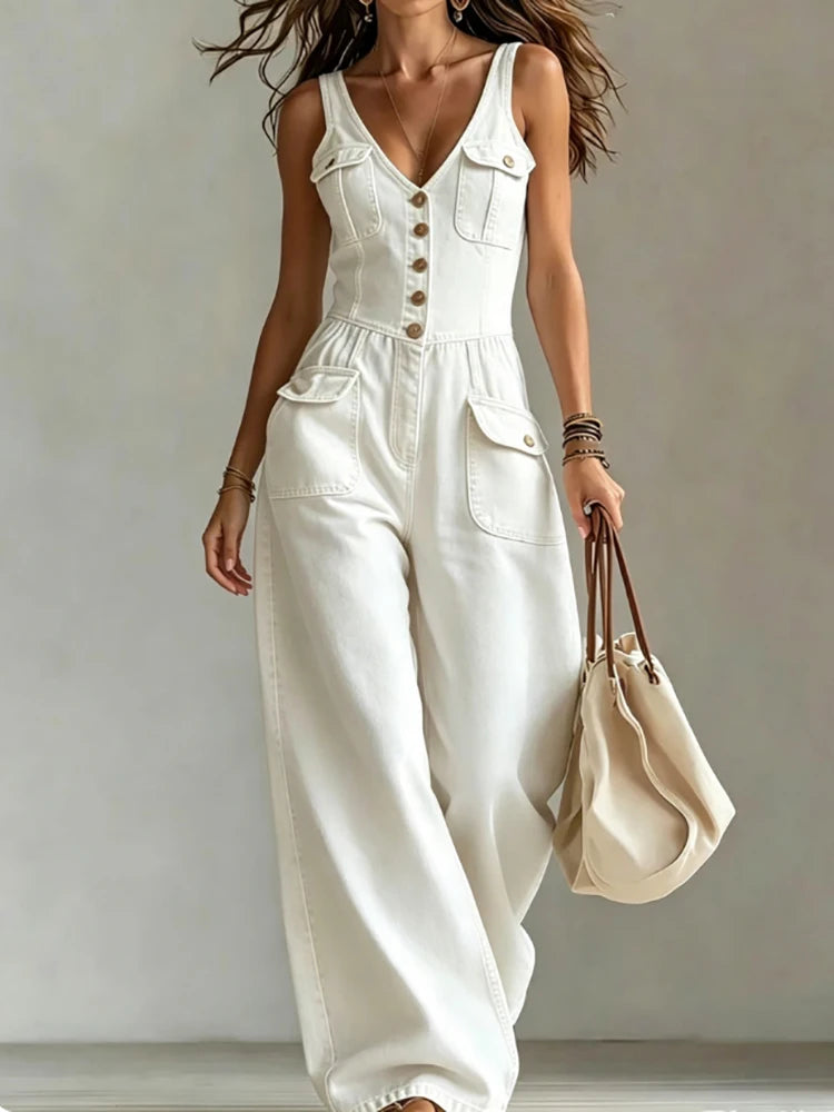 Retro Solid V Neck Camisole Playsuit Summer Streetwear High Waist Denim Jumpsuit Fashion Sleeveless Button Wide Leg Pants Romper
