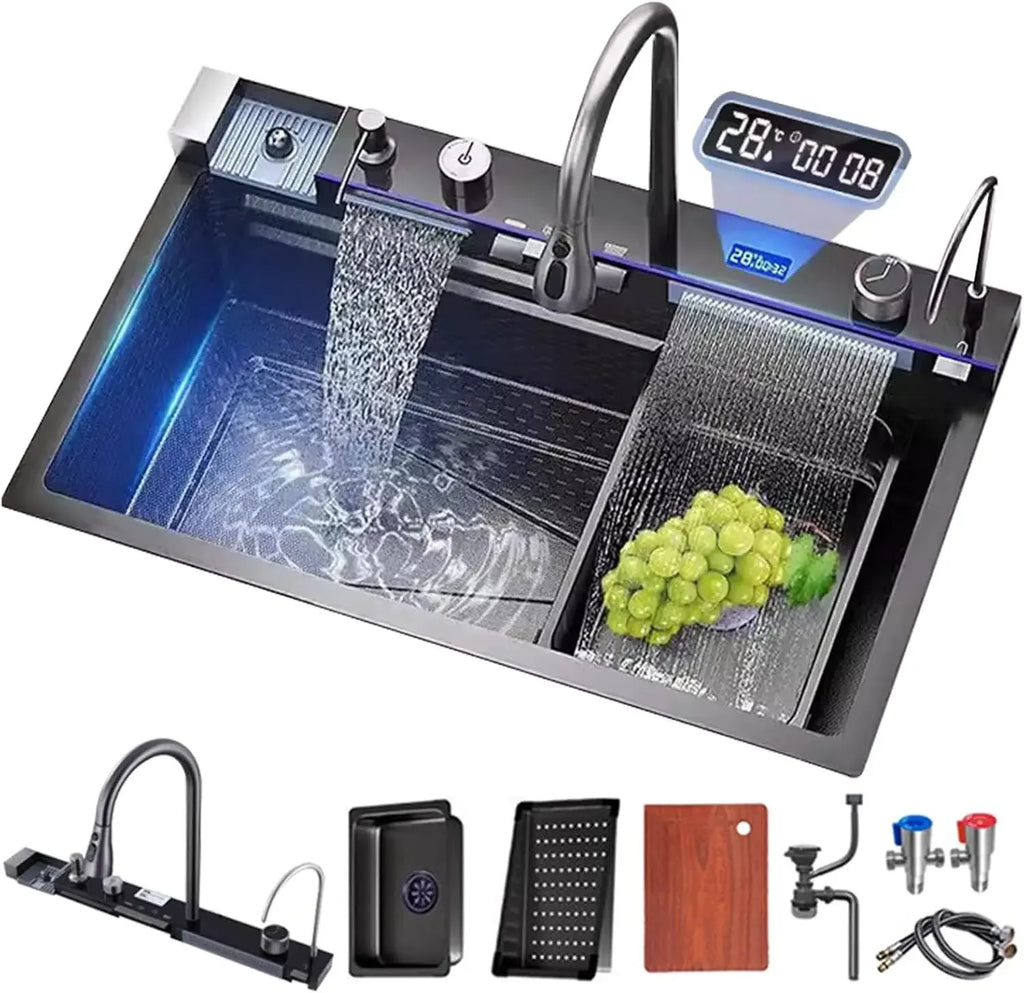 Kitchen sink double waterfall sink with LED display with cup washer, soap dispenser, waterfall mixer, worktop controller, etc. w
