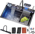 Kitchen sink double waterfall sink with LED display with cup washer, soap dispenser, waterfall mixer, worktop controller, etc. w