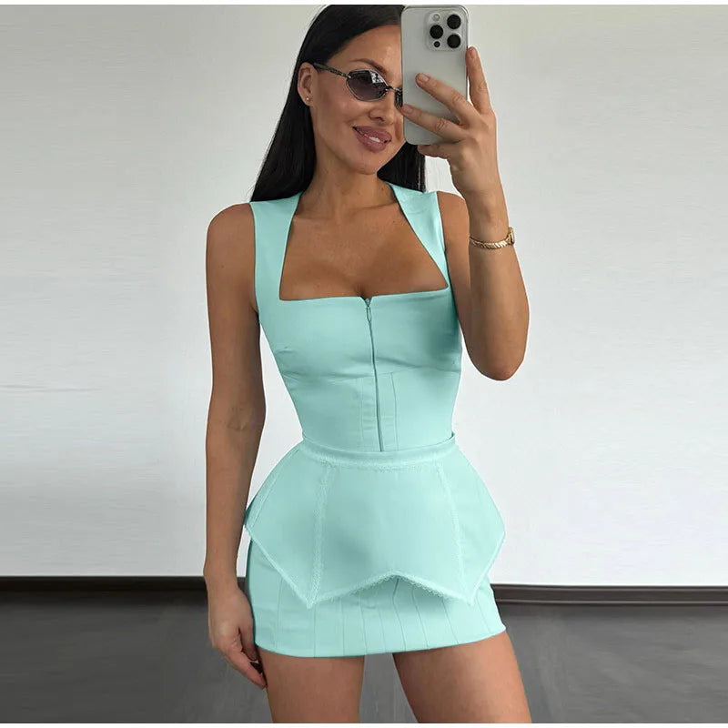 Elegant Printed Women's Dress Sleeveless Square Collar Waist-Closed Lady Mini Dresses With Waist Tape 2026 Summer Robe New