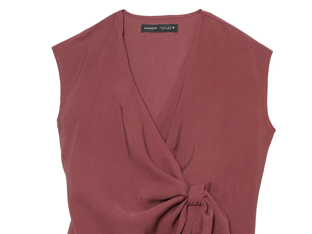 BSAY 2026 Women's Two Piece Set V-Neck Sleeveless Wrap Top With Bow Tie Elastic Waist Wide Leg Pants Elegant Solid Color Outfit