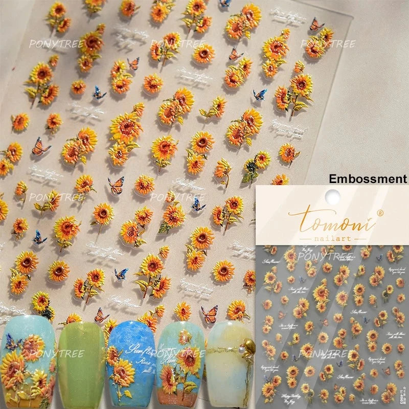 Gold Stamped Frame Oil Painting Style Sunflowers Metal Bead 3D Self Adhesive Nail Art Stickers Autumn Manicure Decals Wholesale