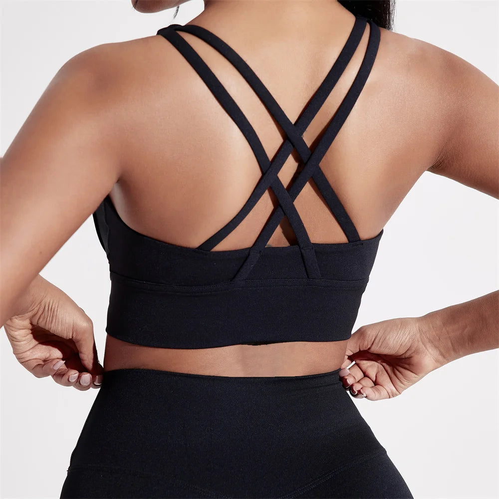Solid Color Women Fitness Sport bra top soft tight Comprehensive training jogging gym yoga underwear cross back With chest pad