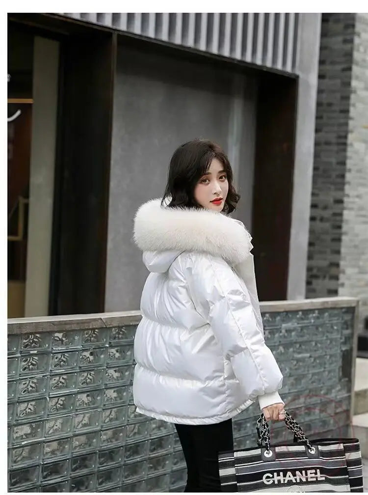 2026 Winter Fashion New Warm Duck Down Jacket Women's Clothes Glossy Fur collar Thicken Parka Short Down Coat Female Trend