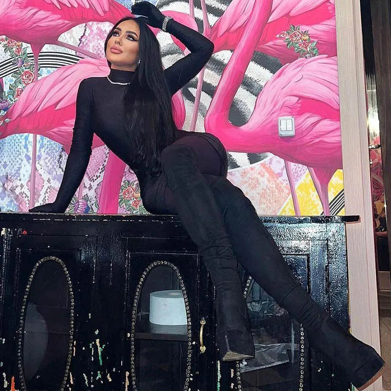 Solid Long Sleeve Mini Dress with Gloves Sexy Streetwear Party Outfit Half Turtleneck Bodycon Y2K Style Wholesale