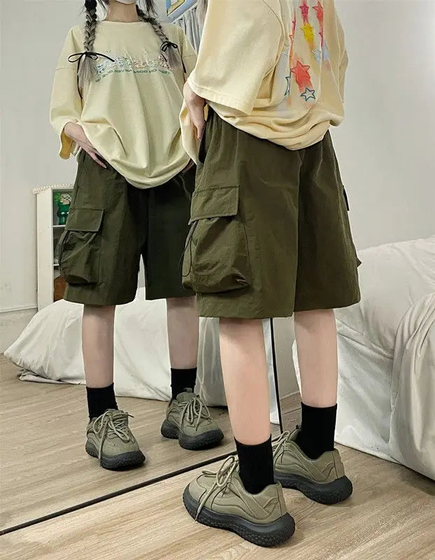 Women High Waist Cargo Shorts American Style Streetwear Summer Wide Leg Pants Fashion Female Big Pocket Loose Shorts