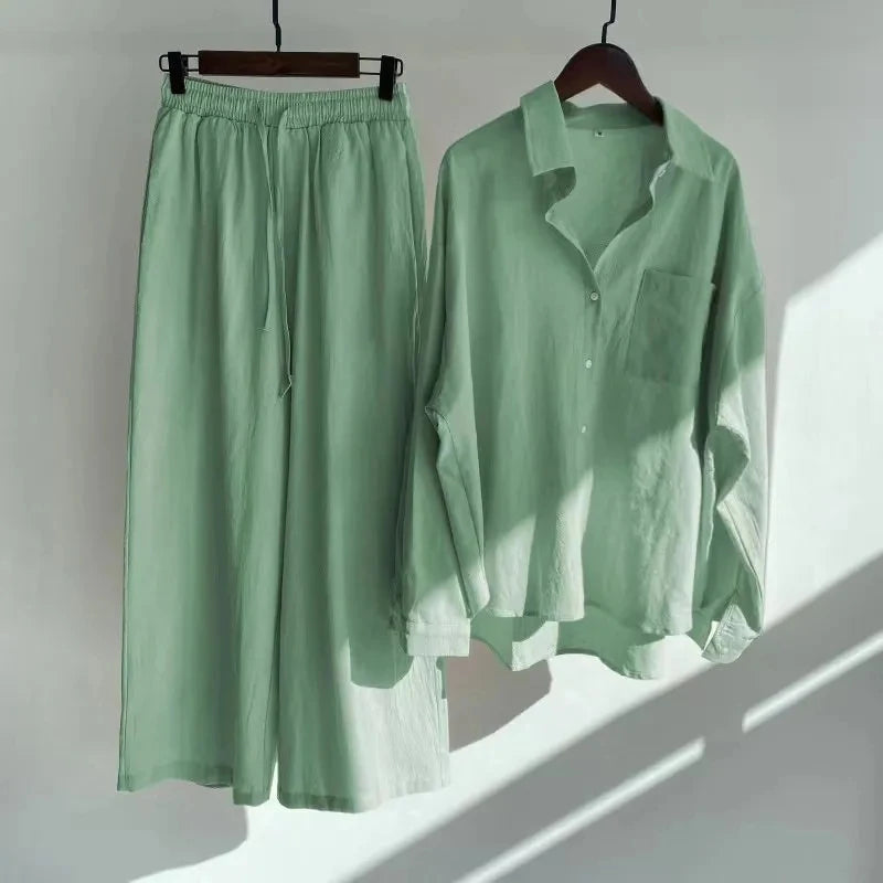 Women's 2-piece set 2026 Spring Autumn New Long sleeved Cotton linen Shirt top+High waisted loose Pants Comfortable Casual Sets