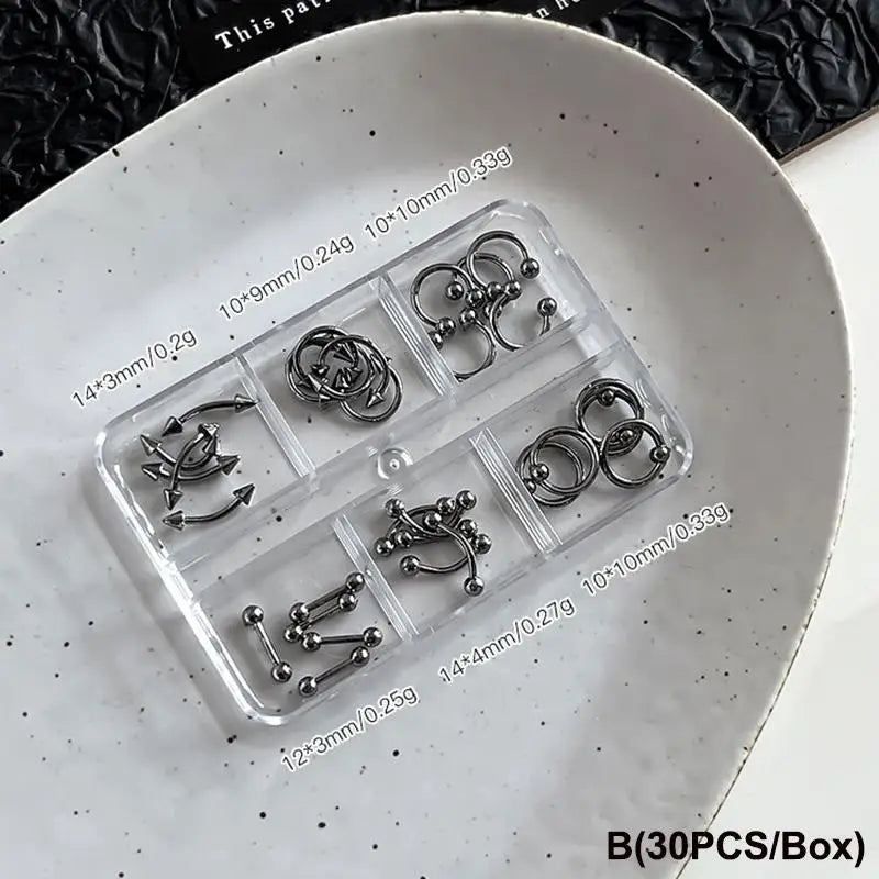30pcs/box 6 Grids Nail Piercing Punk Charm Metal Alloy Pierced Black/White Nail Jewelry Decor 3D Nail Supply For Cool Girl