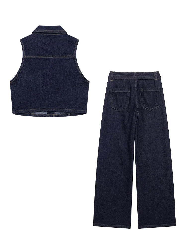 HH Women Turn-down Collar Single-breasted Sleeveless Denim Vest Top+High Waist Pocket Zipper Belt Flared Jeans 2 Piece Set