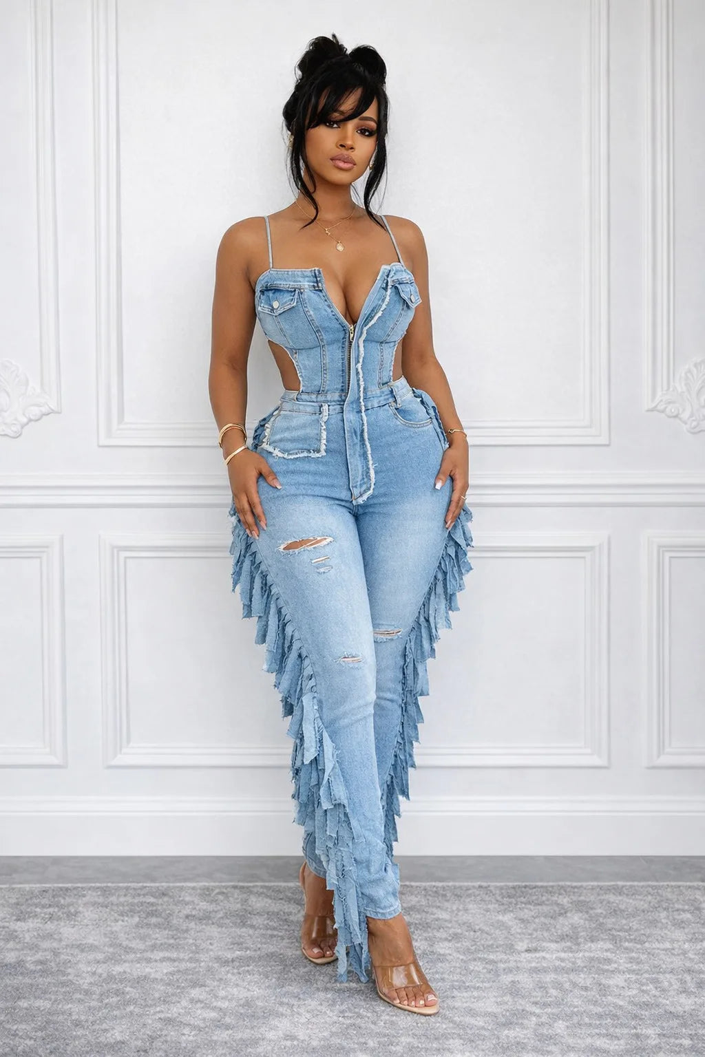 FAGADOER Fashion Hollow-out Bodycon Denim Jumpsuit Women Spaghetti Strap Tassel Patchwork Rompers Female Streetwear Overalls New