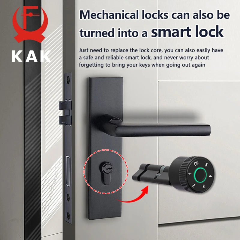 KAK Tuya APP Fingerprint Cylinder Smart Door Lock Electronic Digital Password Code Lock Keyless Remote Control Lock Hardware