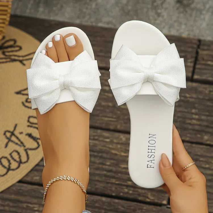Womens Slip on Flat Sandals Big Bowknot Wide Strap Slides Mules Open Toe Casual Sweet Summer Beach Comfort Daily Walking Shoes