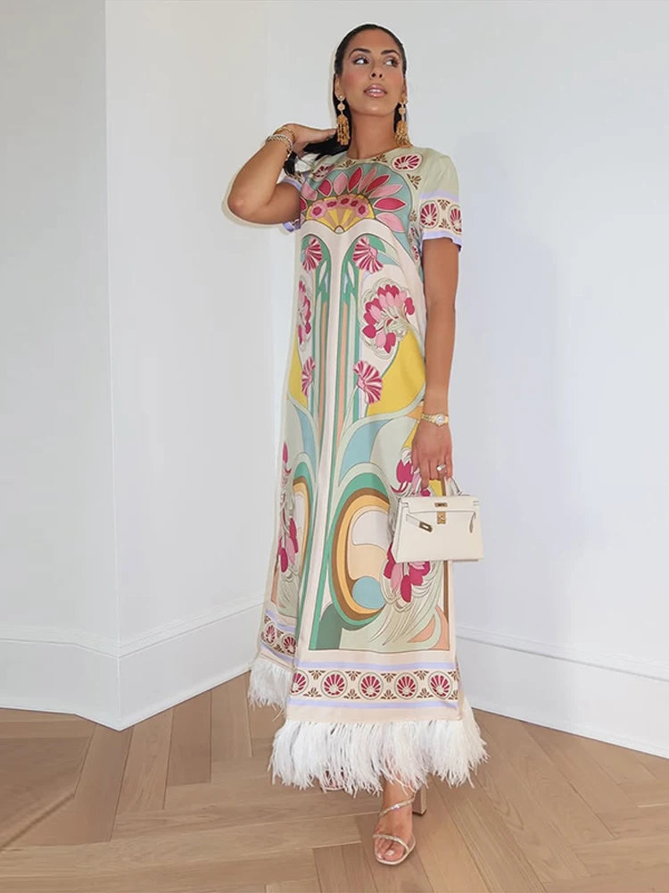 Chic Printed Women's Dress O-Neck Short Sleeve Loose Feather Patchwork Women'S Long Dresses 2026 Summer Female Vacation Robe