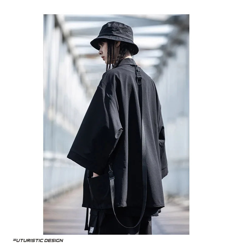 2023 Ribbon Hip Hop Punk Techwear Kimono Oversized Shirts Mens Japan Style Harajuku Casual Cargo Shirt Cloak