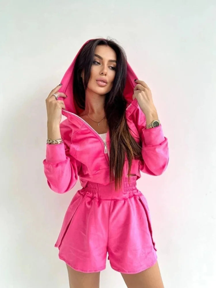2025 Casual Women's Wear, Zipper Cardigan Long Sleeve Drawstring and Shorts Set, Hoodie Fashion Split Shorts Two-Piece Set