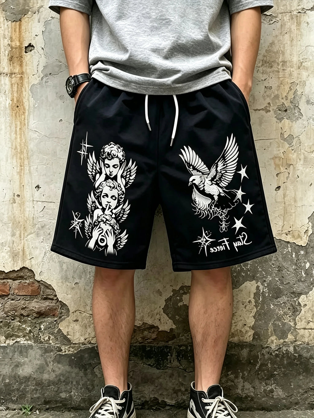 European American Summer Retro Little Angel Letter Print Comfortable Breathable Drawstring Men Shorts Outdoor Casual Pants Moto