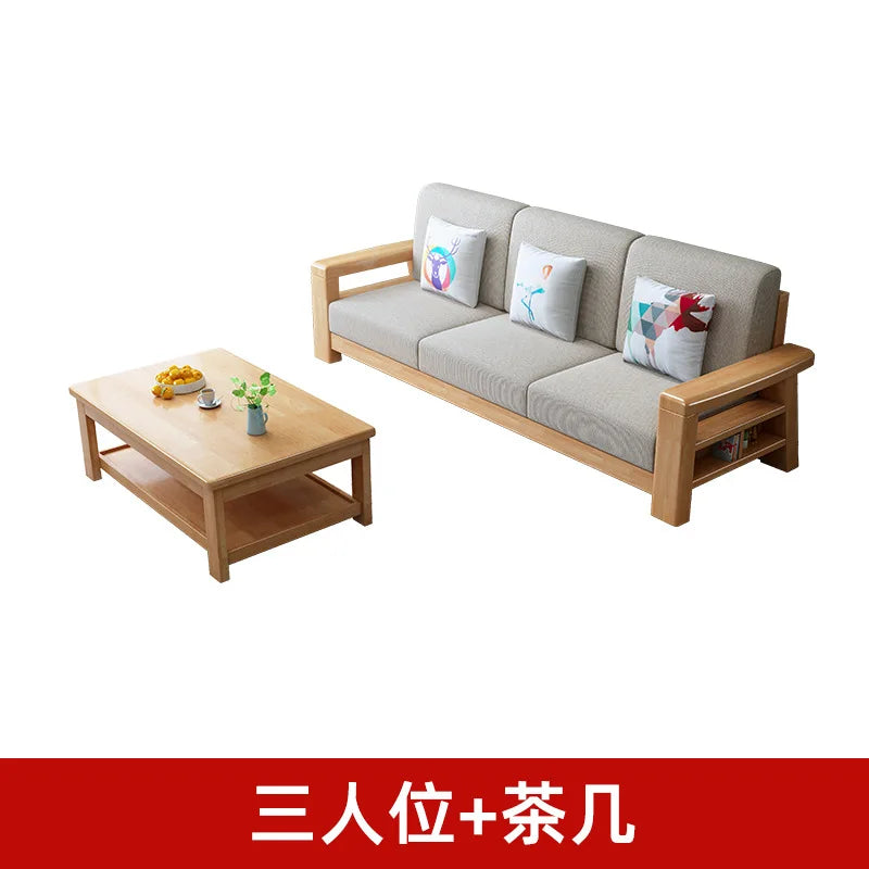 Nordic solid wood three-person sofa, modern simple fabric, small apartment concubine coffee table combination furniture
