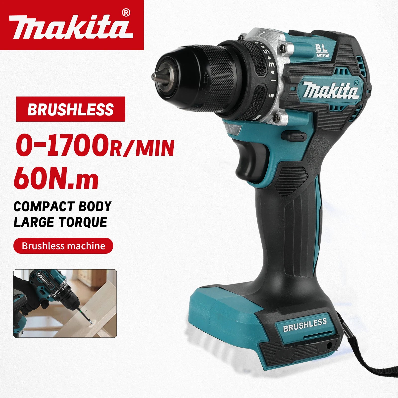 MAKITA 18V New DDF487-10mm electric hand drill 1700RPM  lithium-ion charging impact drill, high torque electric screwdriver