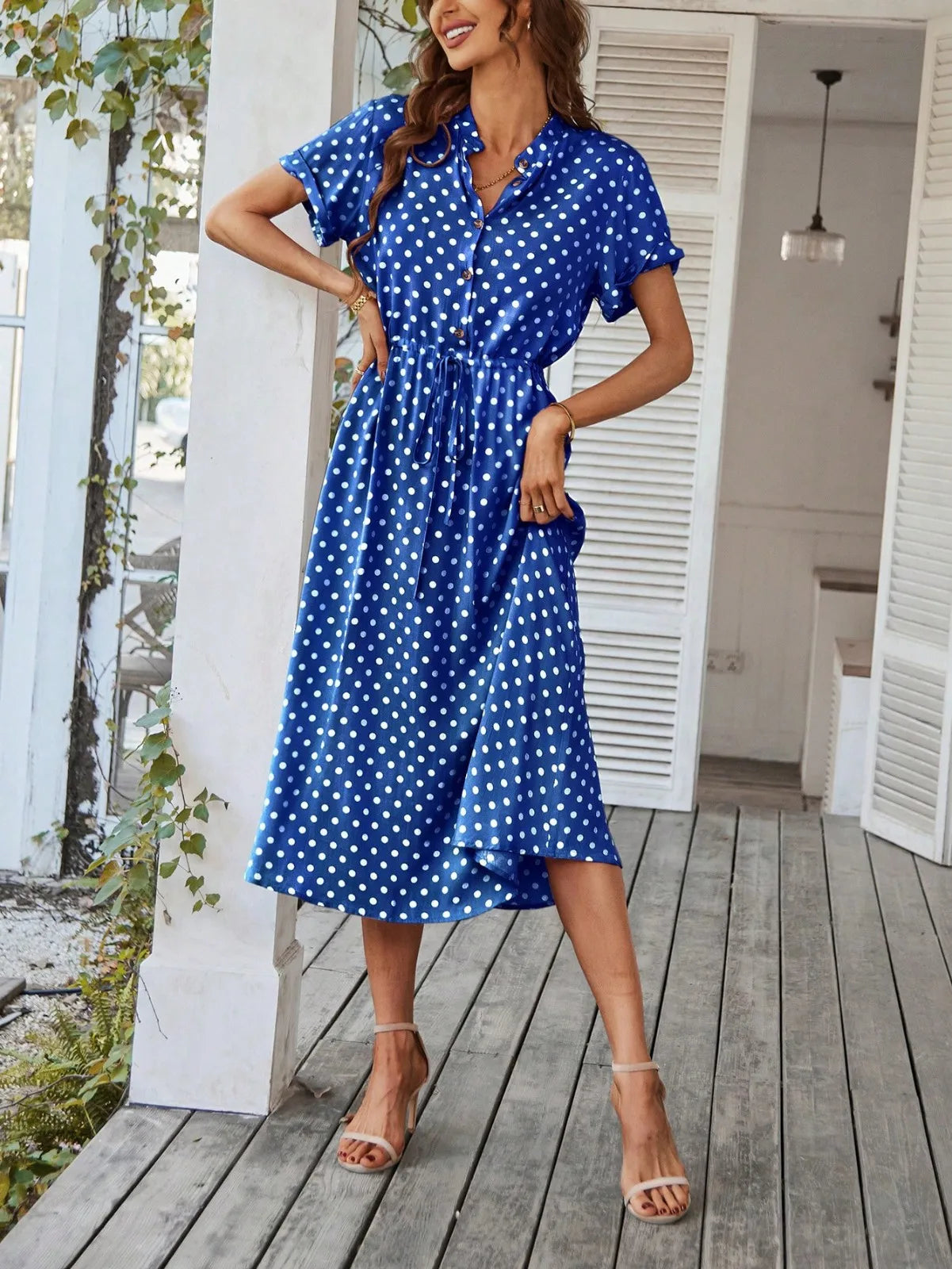 Elegant retro polka dot dress Women's Summer Midi Dress V Neck Single Breasted Short Sleeve Dresses Fashion Print Dress