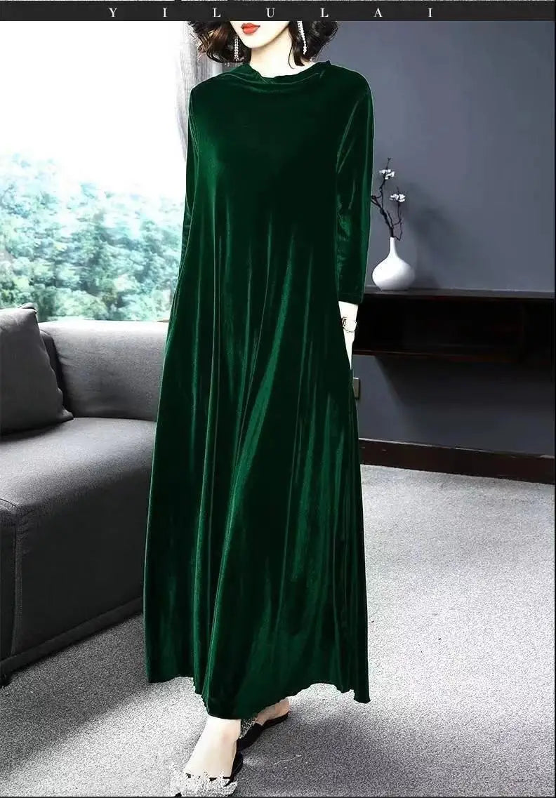 Elegant Long Sleeve Velvet Dress for Women Fashionable Spring Autumn New Style Women's Clothing Princess Sleeve A-Line Skirt