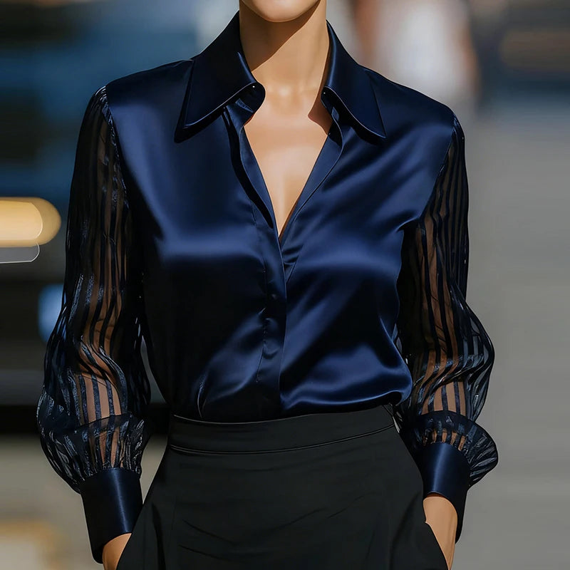 Fashion Women Long Sleeve Silk Shirt Black Turn Down Collar Button Blouse Women Office Tops Mesh See Through Sleeve Satin Shirt