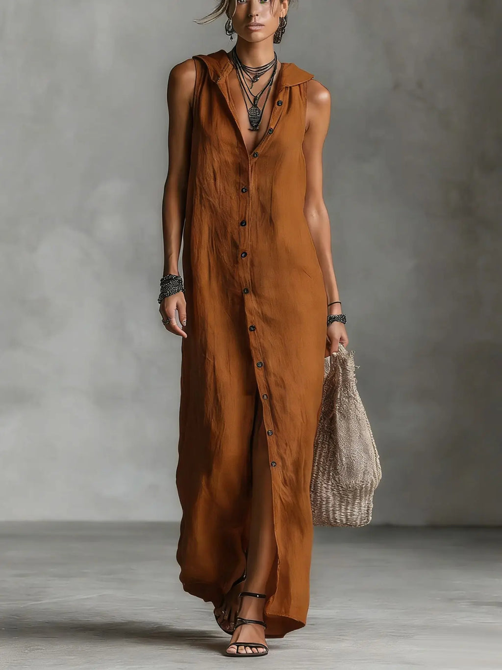 Elegant Cotton Linen Hooded Dress Women Loose V Neck Single Breasted Sleeveless Vestido Female Spring Summer Casual Lady Dresses