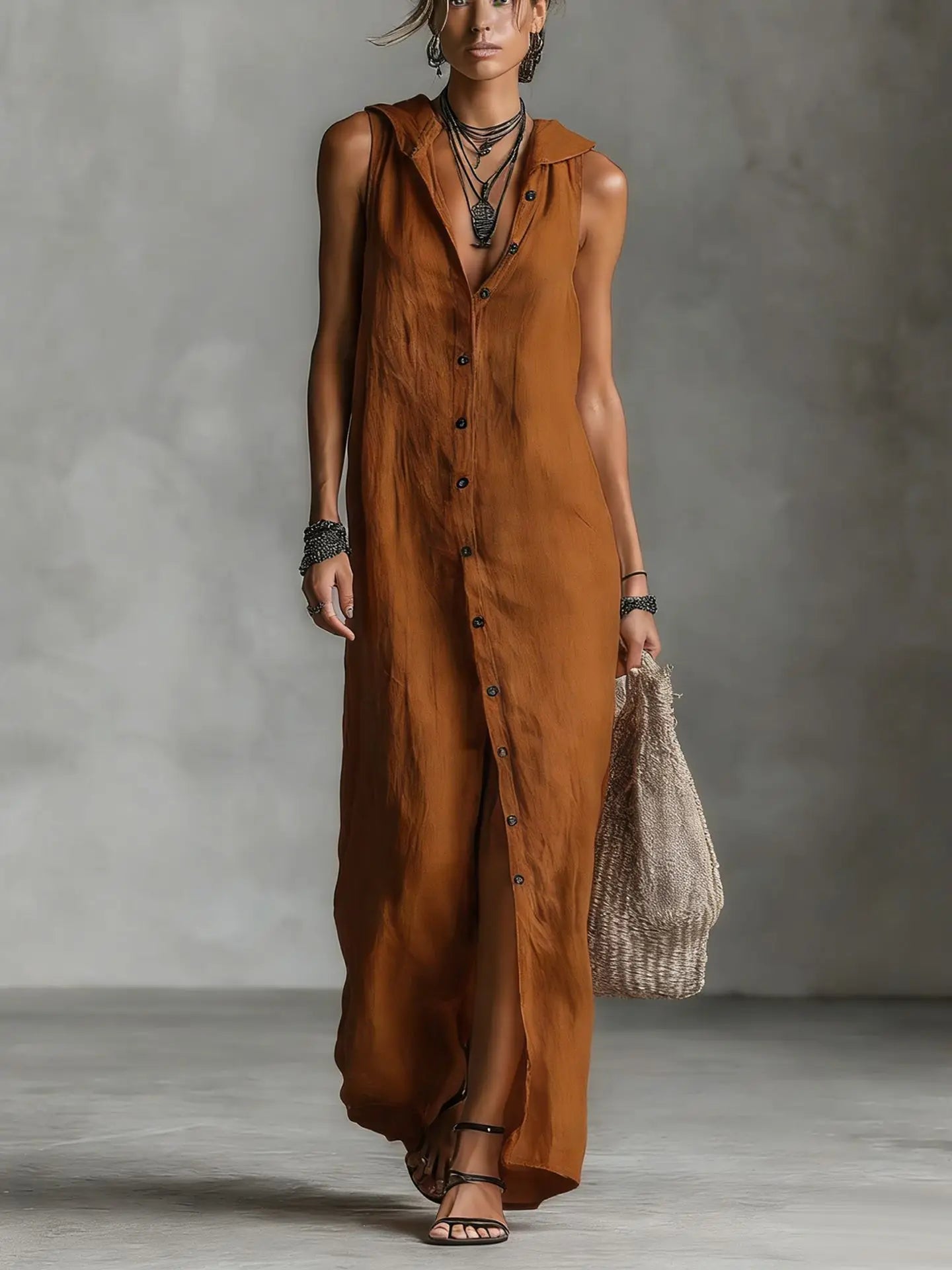 Elegant Cotton Linen Hooded Dress Women Loose V Neck Single Breasted Sleeveless Vestido Female Spring Summer Casual Lady Dresses