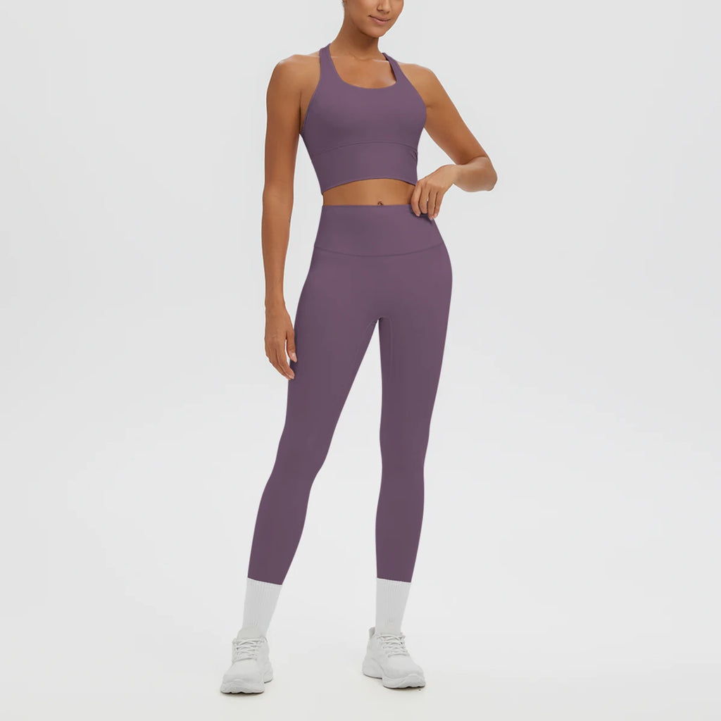 2PCS/set Gym Sports Yoga Suit for Women's Solid Color High Stretch Quick Drying Legging Yoga Pants Gather I-shaped Vest Yoga Set