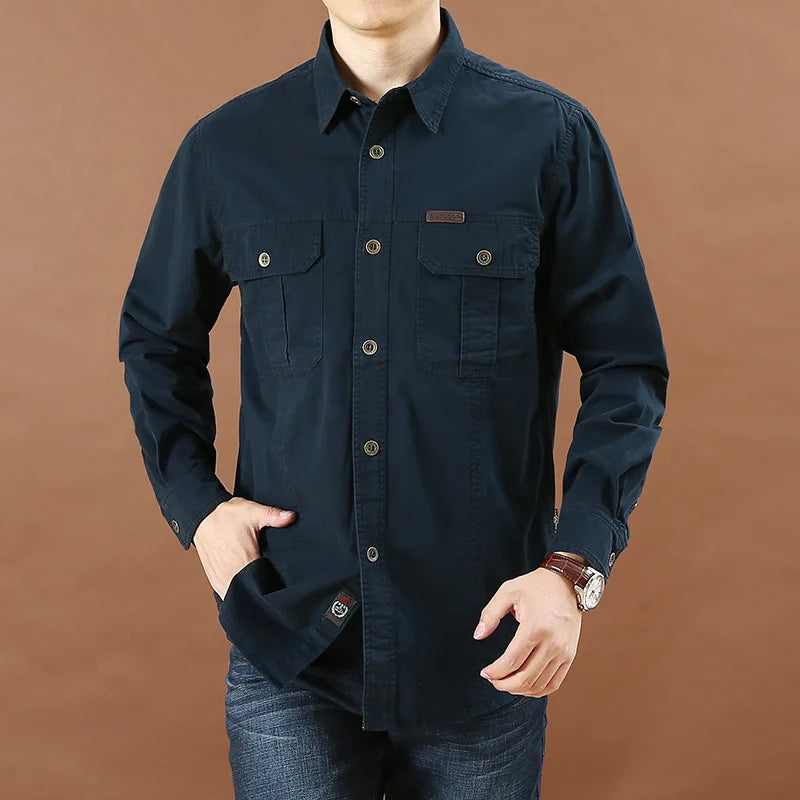 100% Cotton High Quality Spring Fall Fashion Men's Long-Sleeve Solid Color Casual Shirt Multi Pocket 6XL Large Size Cargo Jacket