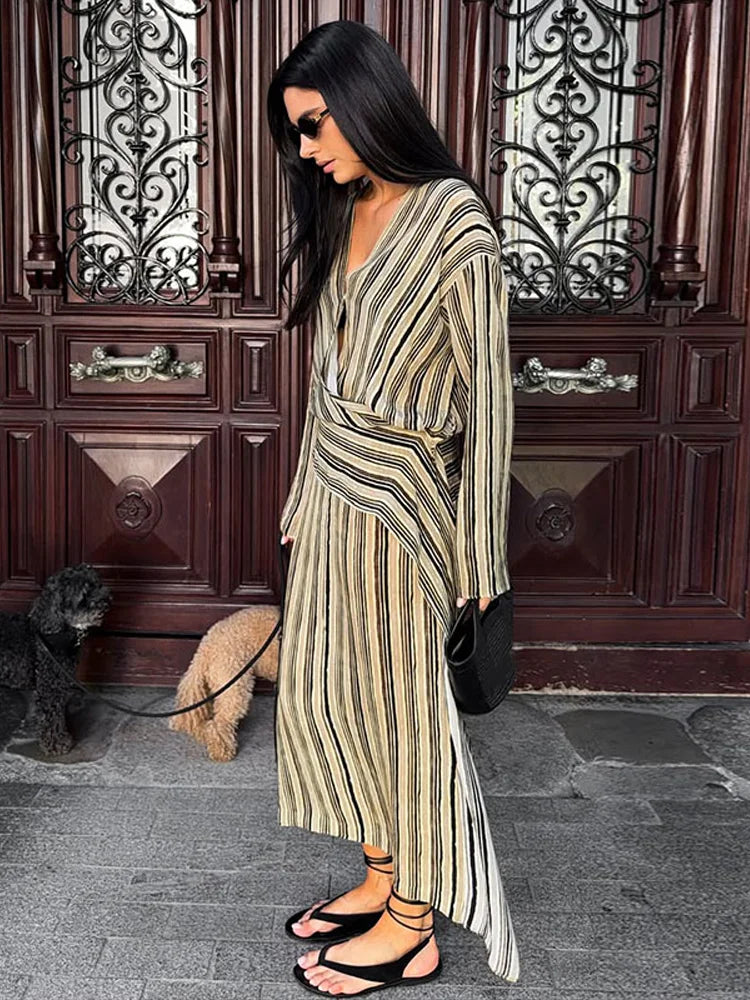 Women Striped Wrap Dress V-neck Loose Pleated Long Sleeved Asymmetrical Drape Dresses 2026 Summer New Casual Commute Lady Robes