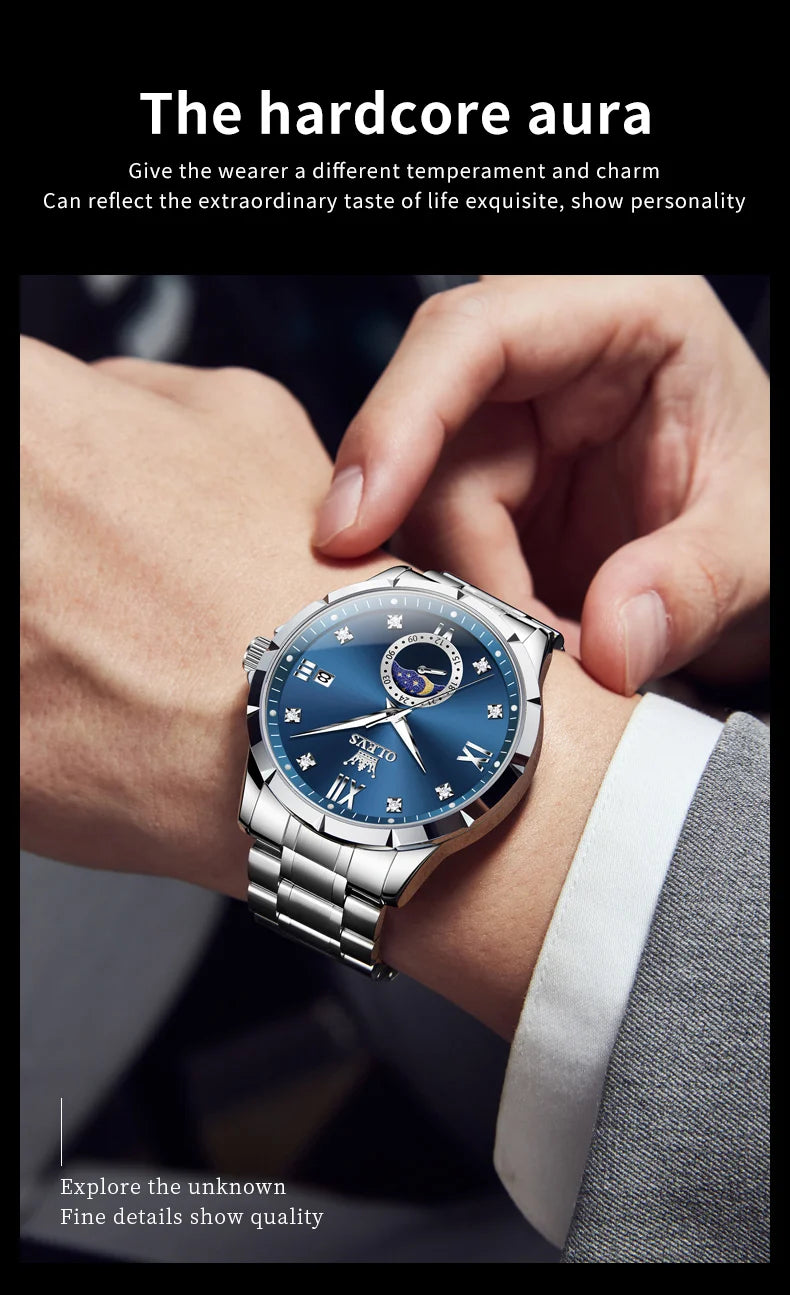 OLEVS 2956 Mens Watch Business Original Quartz Watch Large Dial Waterproof Luminous Automatic Date Moon Phase Watches For Man