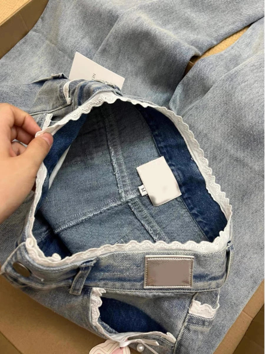 Women's Blue Y2k Lace Bow Jeans Baggy Aesthetic Denim Trousers Harajuku Streetwear Jean Pants Vintage 2000s Trashy Clothes 2024