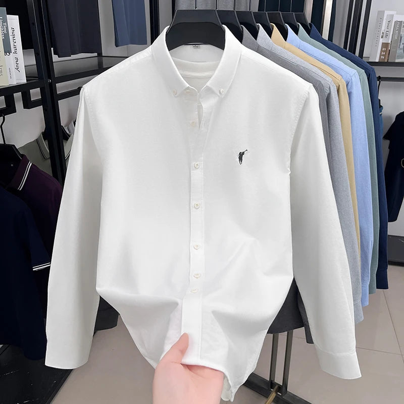 High End 100% Pure Cotton Long Sleeved Men's 2026 Spring Fashion Solid Color Business Casual Small Horse Logo Shirt