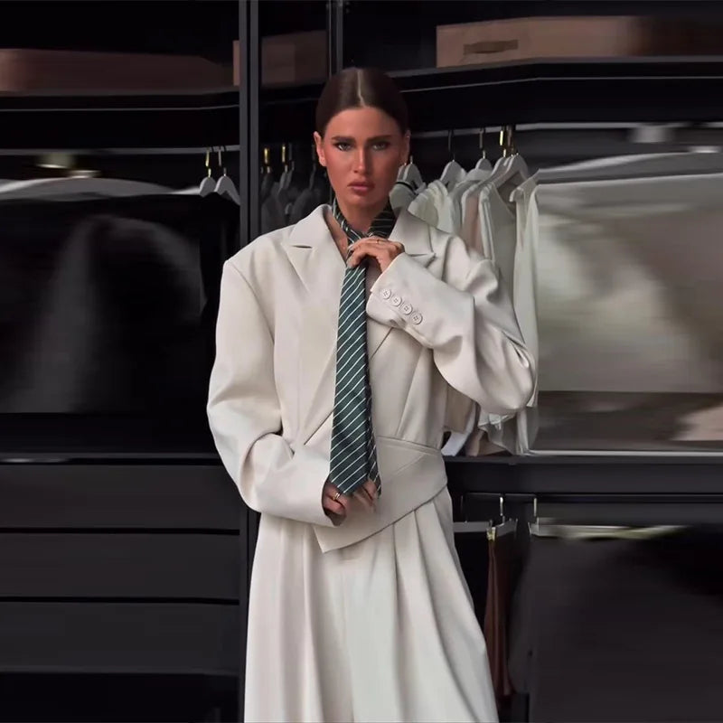 Elegant Irregular Women's Blazer Trouser Suits Single Button Lapel Full Sleeve Wide Leg Pants Lady Set 2026 2 Pieces Set Women