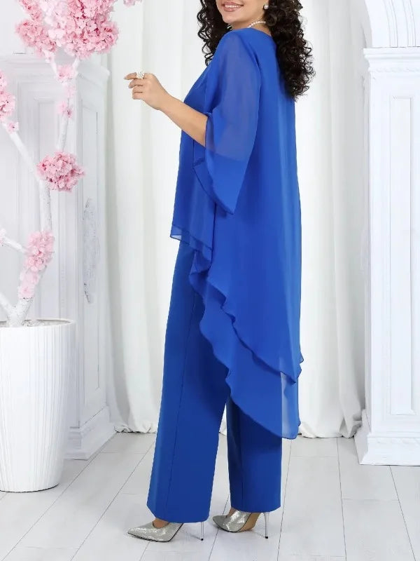 Women's Solid Chiffon Two Piece Sets Spring O-neck Mid-Sleeve Layered Ruffled Edges Long Top & Straight-leg Pants Sets Outfits